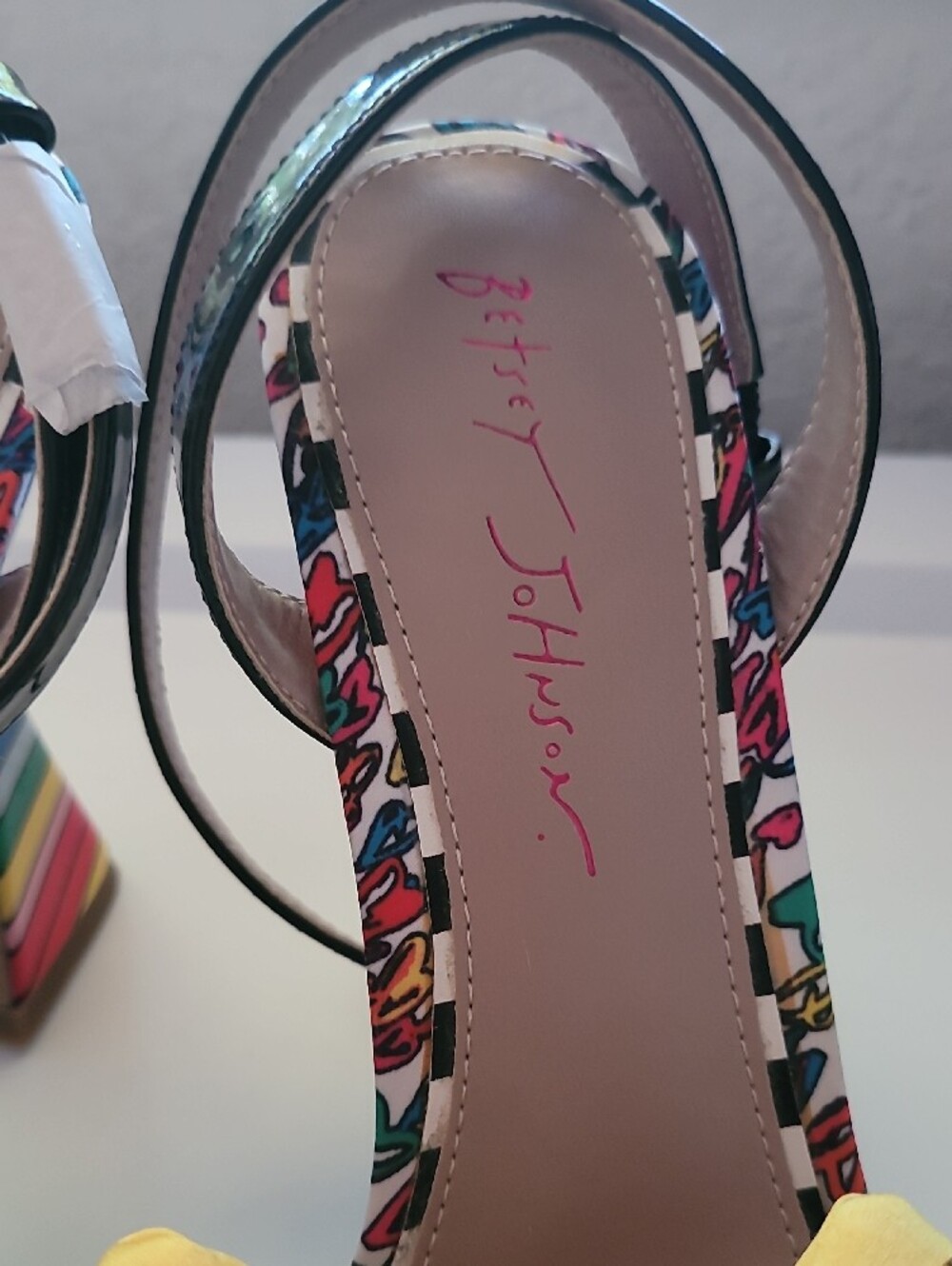 Betsey Johnson Yellow Bow Jeweled Ankle-Strap Peep-Toe RAINBOW  Heels - Picture 4 of 9